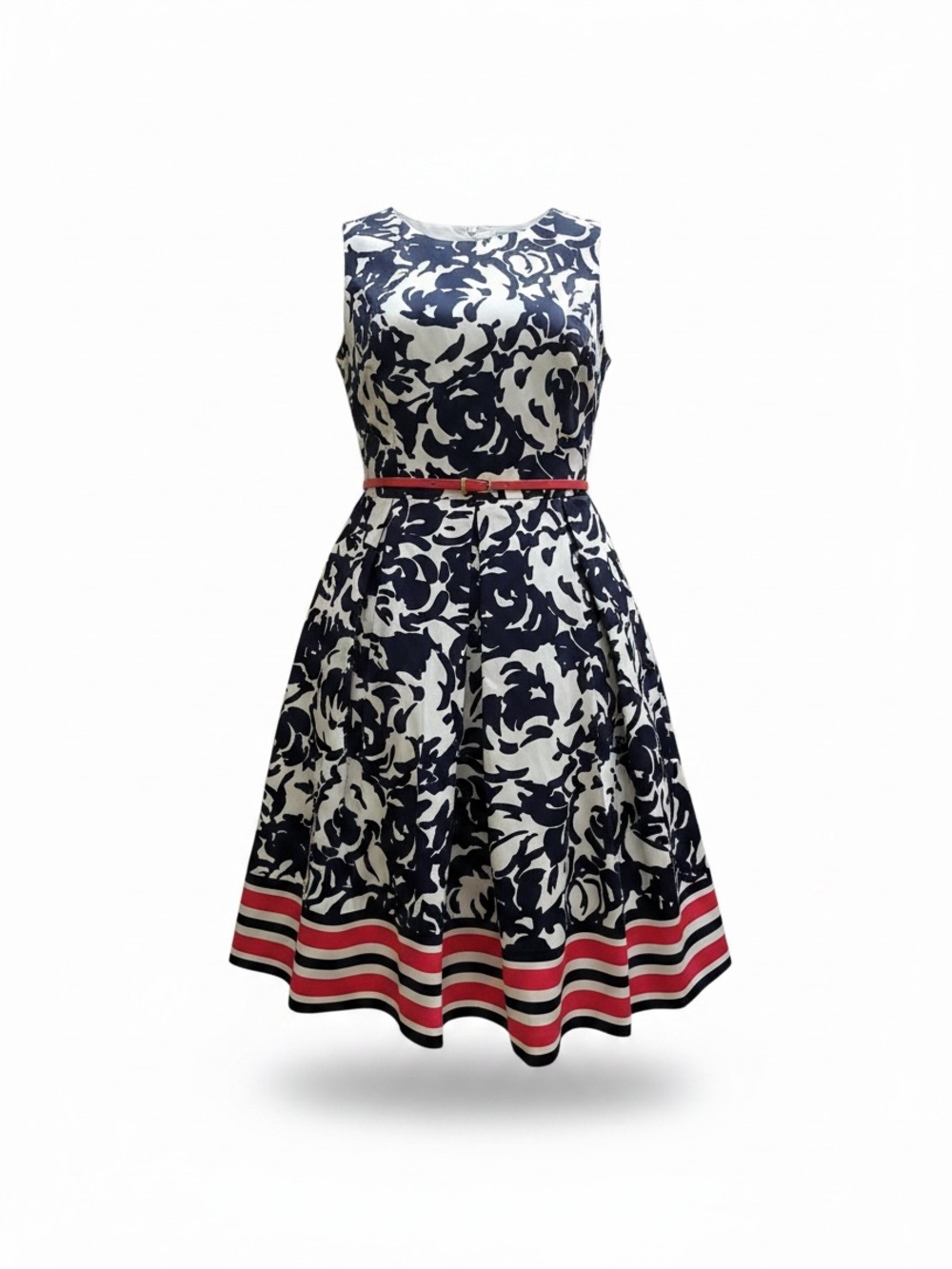 Liz Claiborne Navy and White Floral Fit-and-Flare Dress with a pop of Coral
